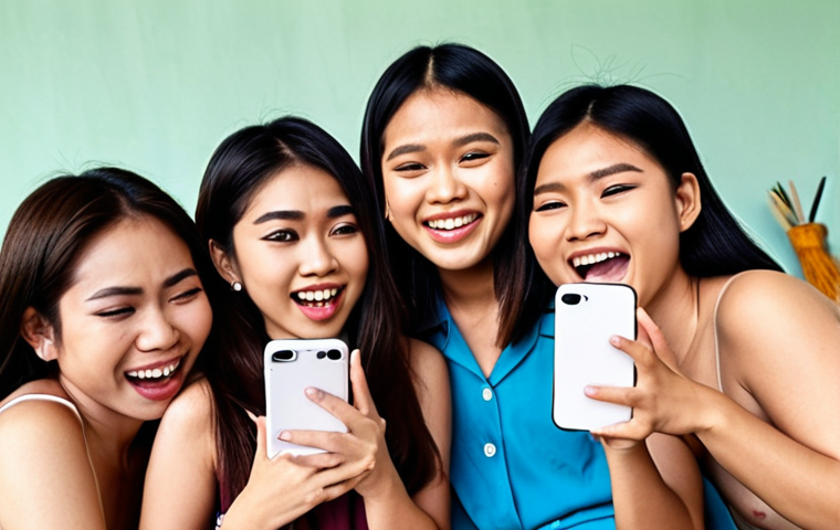 **Prompt:** A modern, diverse group of Thai individuals, ranging from young adults to teenagers, are deeply engaged with their smartphones, scrolling through vibrant short-form vertical videos. The focus is on their expressive faces, showing emotions like joy, amusement, and intrigue. The smartphone screens display dynamic, quick-cut video content, suggesting product reviews, humorous clips, or engaging stories, emphasizing the powerful emotional connection and widespread adoption of mobile video consumption in Thailand.