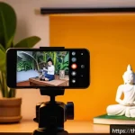 Home 19 유튜브 쇼츠 분석 툴 - A detailed digital illustration of a young Thai content creator filming a YouTube Shorts video in a ...