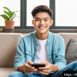 Home 23 1분 영상 콘텐츠 구성법 - A vibrant, modern Thai teenager sitting comfortably in a cozy, sunlit room, holding the latest smart...