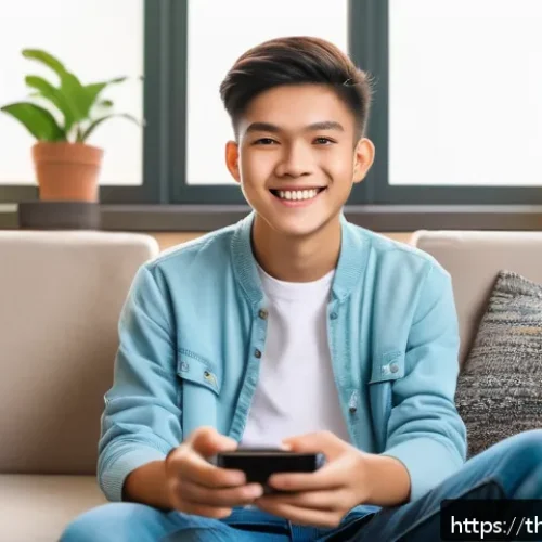 Home 29 1분 영상 콘텐츠 구성법 - A vibrant, modern Thai teenager sitting comfortably in a cozy, sunlit room, holding the latest smart...