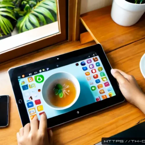 Home 29 네이버 동영상 태그 활용 - Photorealistic overhead view of a Thai content creator’s desk in Bangkok, hands organizing colorful ...